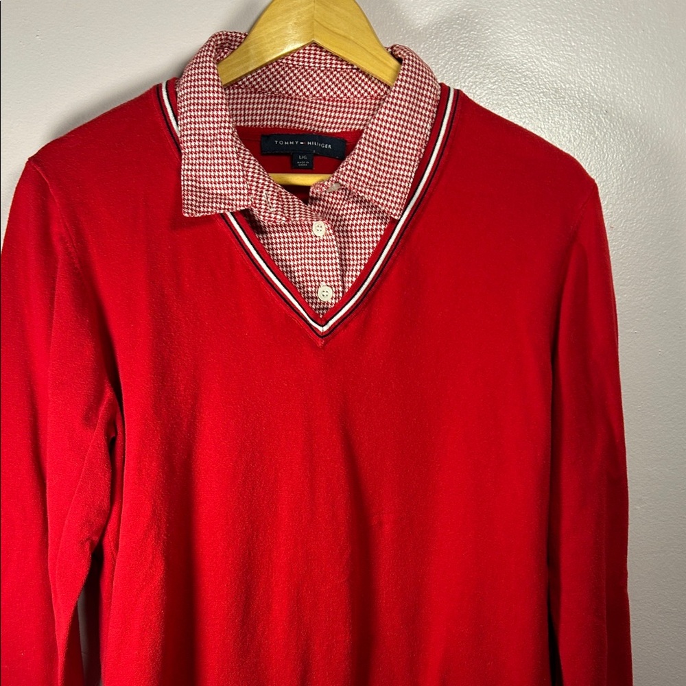 Tommy Hilfiger Red V-Neck Layered Knit with Houndstooth Collar